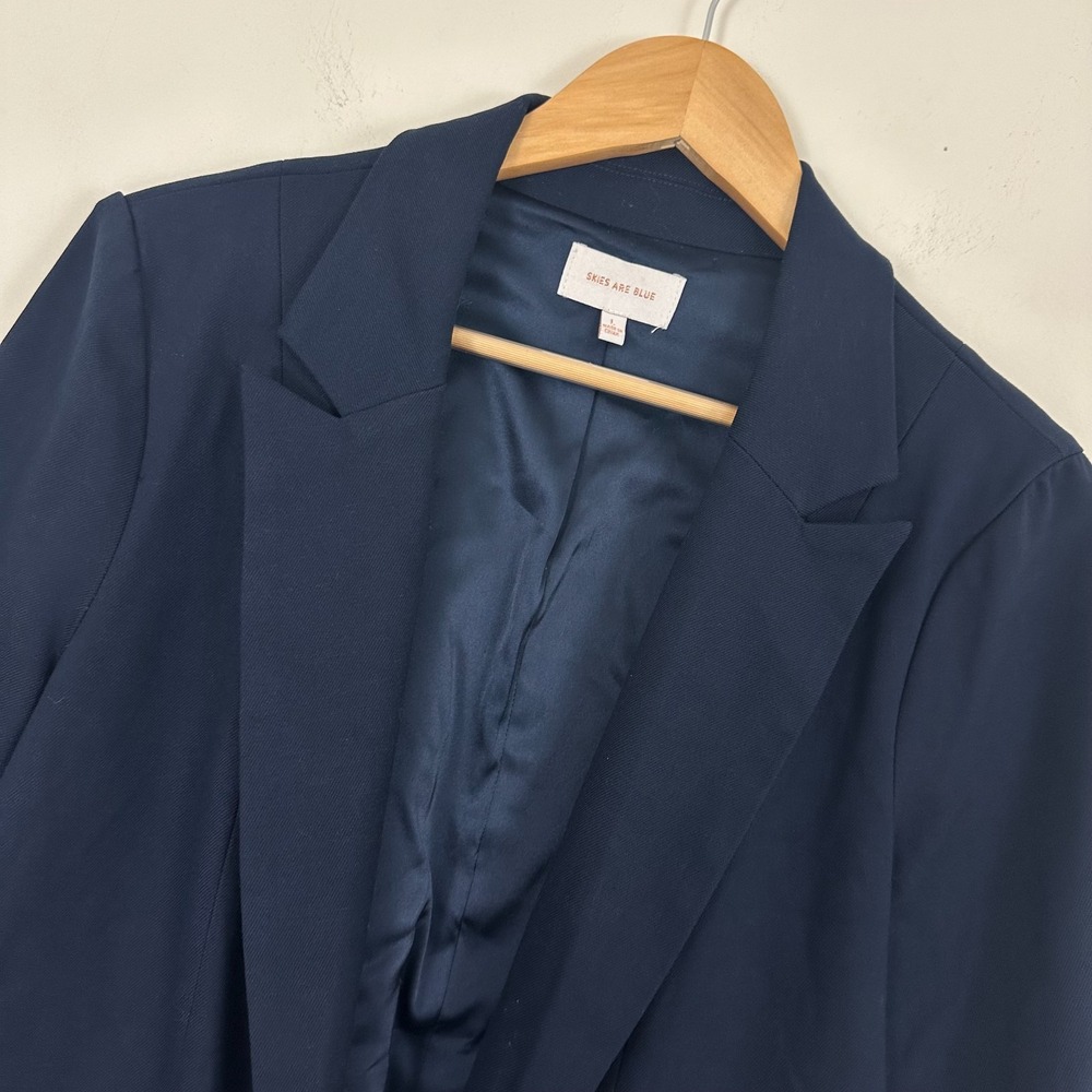 Skies Are Blue Blazer Jacket Navy Stretch Peak Lapel Roll Tab Sleeve Women Large
